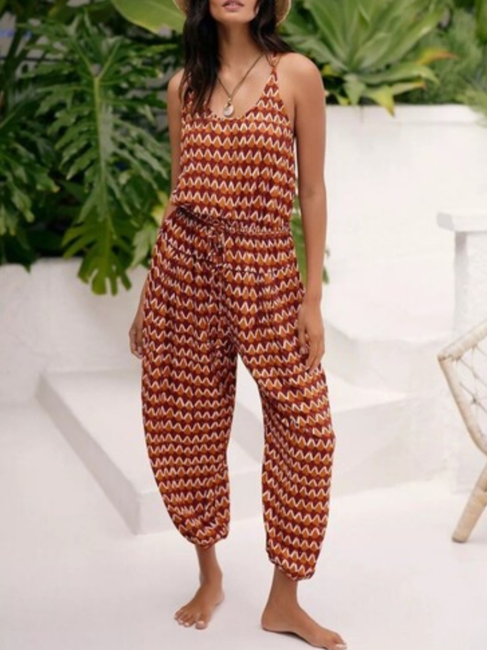 Anthropologie Graham Keegan Women’s Rust Geometric Jumpsuit size L NWT